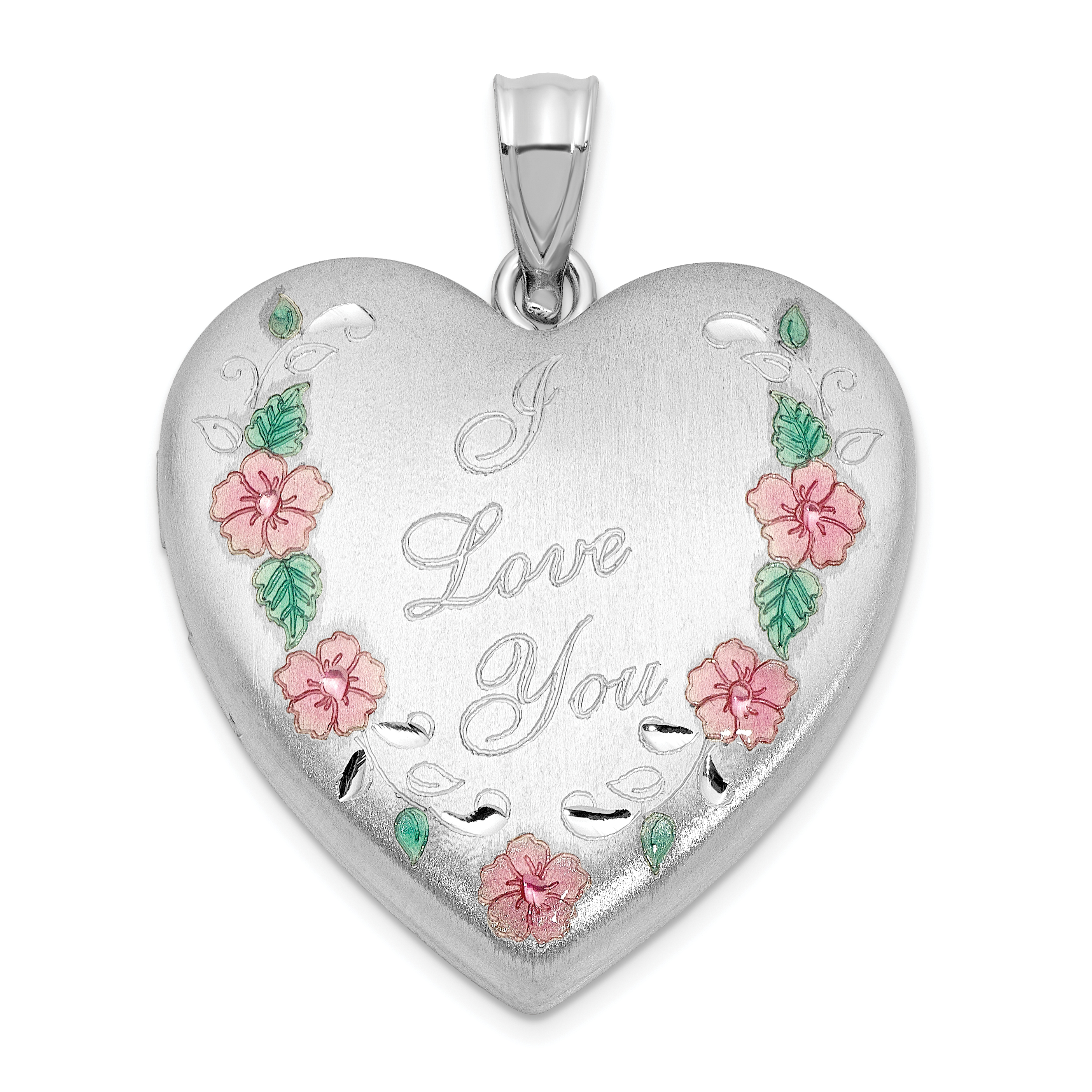 Sterling Silver Rh-plated Satin Epoxy I Love You Floral 24mm Heart Locket (QLS1120)
