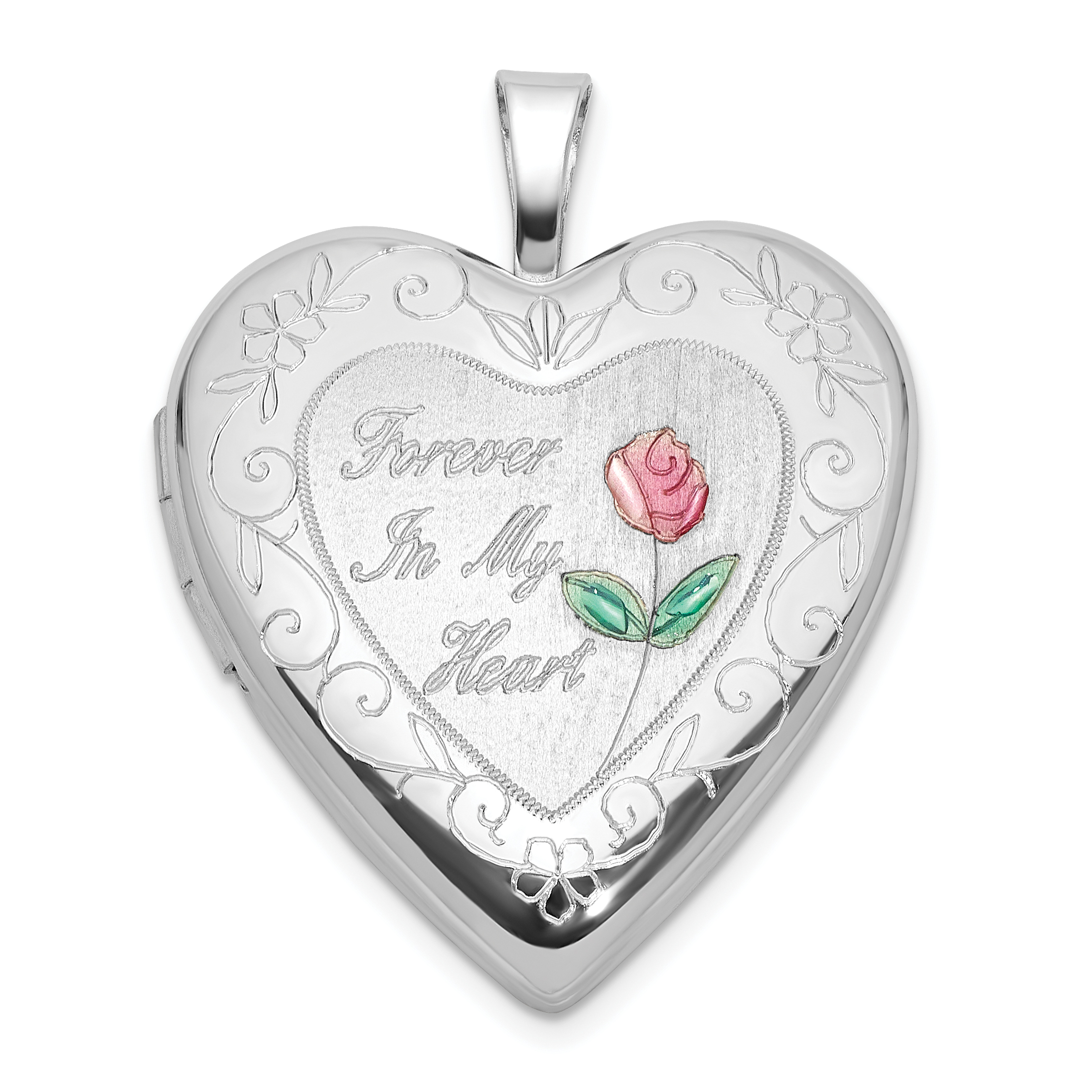Sterling Silver Rh-plated Epoxy 20mm Forever In My Heart Rose Locket (QLS1124)