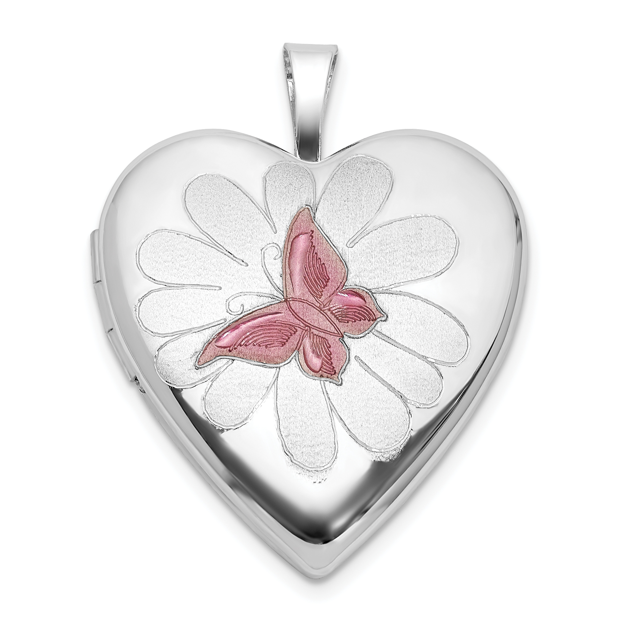 Sterling Silver RH-plate Polished/Satin Epoxy 20mm Butterfly Heart Locket (QLS1125)