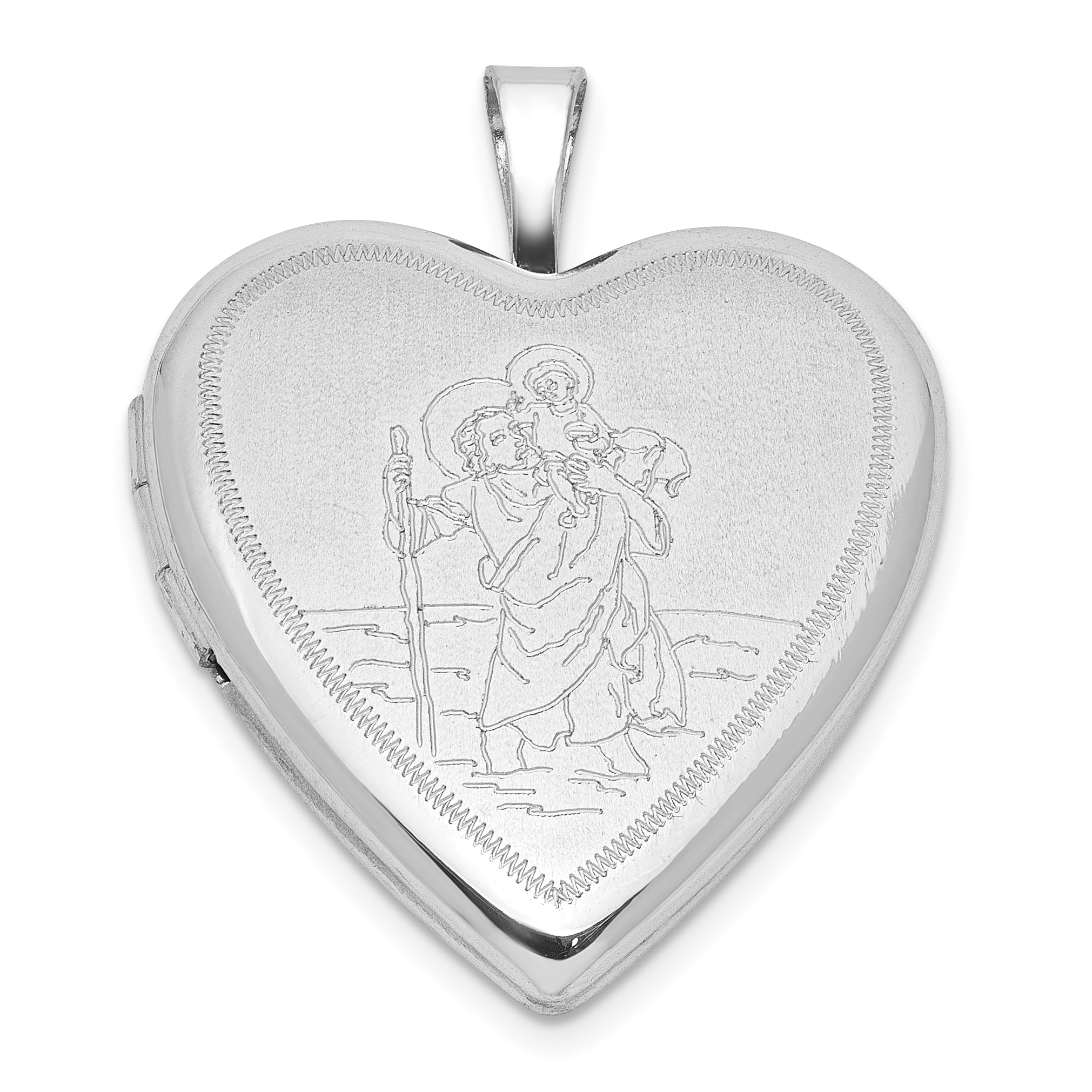 Sterling Silver  RH-plate Satin/Polished St. Christopher 20mm Heart Locket (QLS1127)