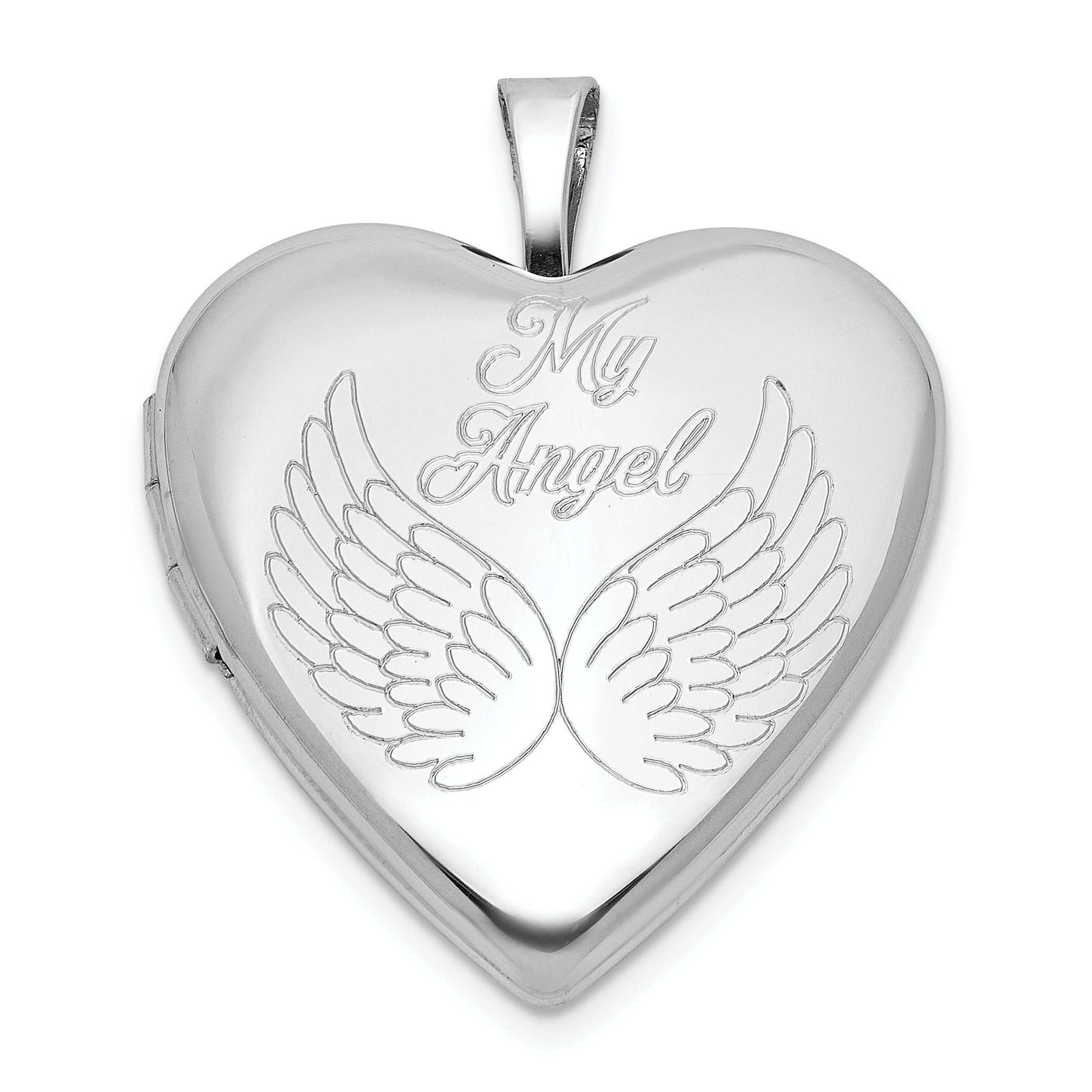 Sterling Silver Rhodium-plated MY ANGEL Angel Wings 20mm Heart Locket (QLS1129)
