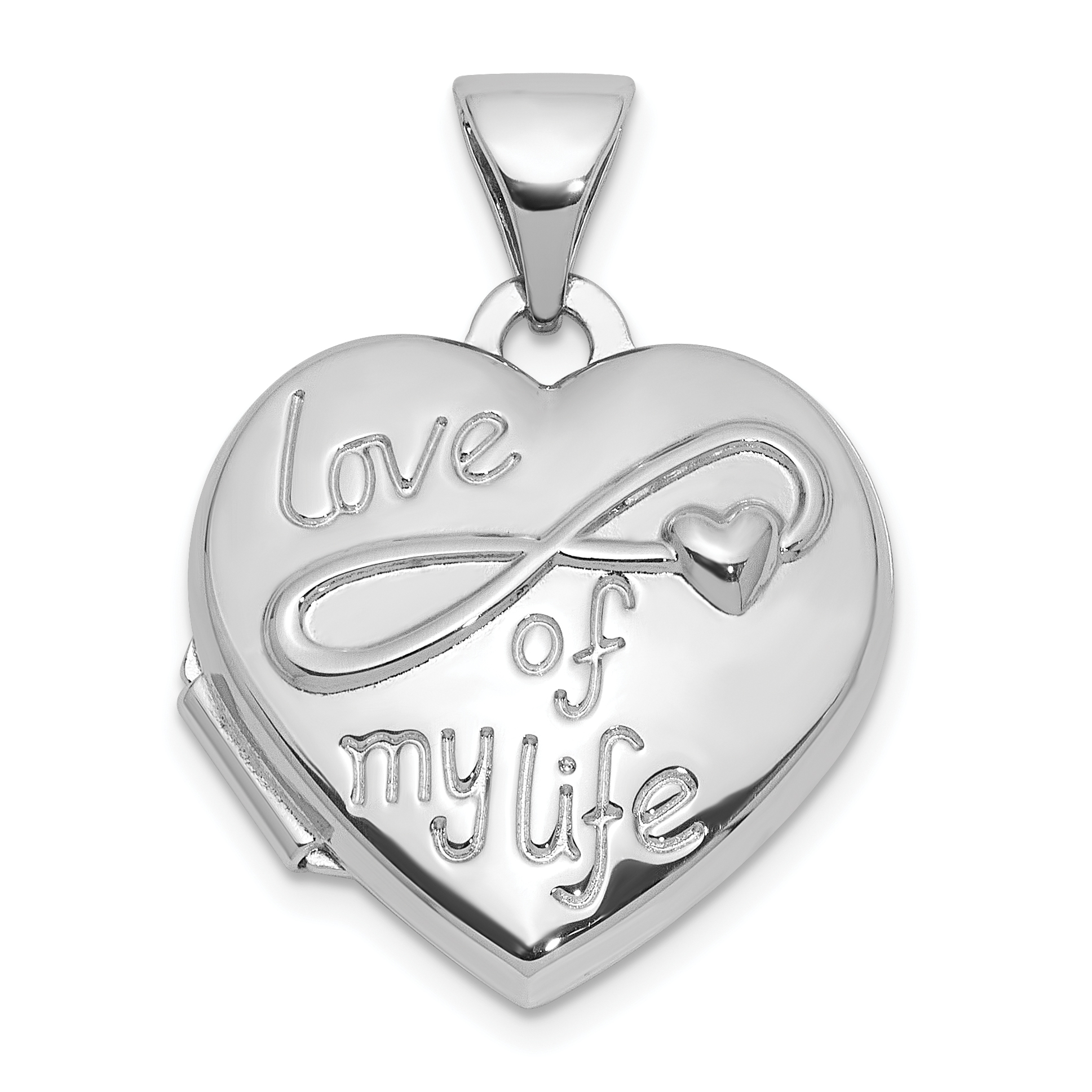 Sterling Silver Rhodium-pltd Polished Love of my Life 15mm Heart Locket (QLS1133)