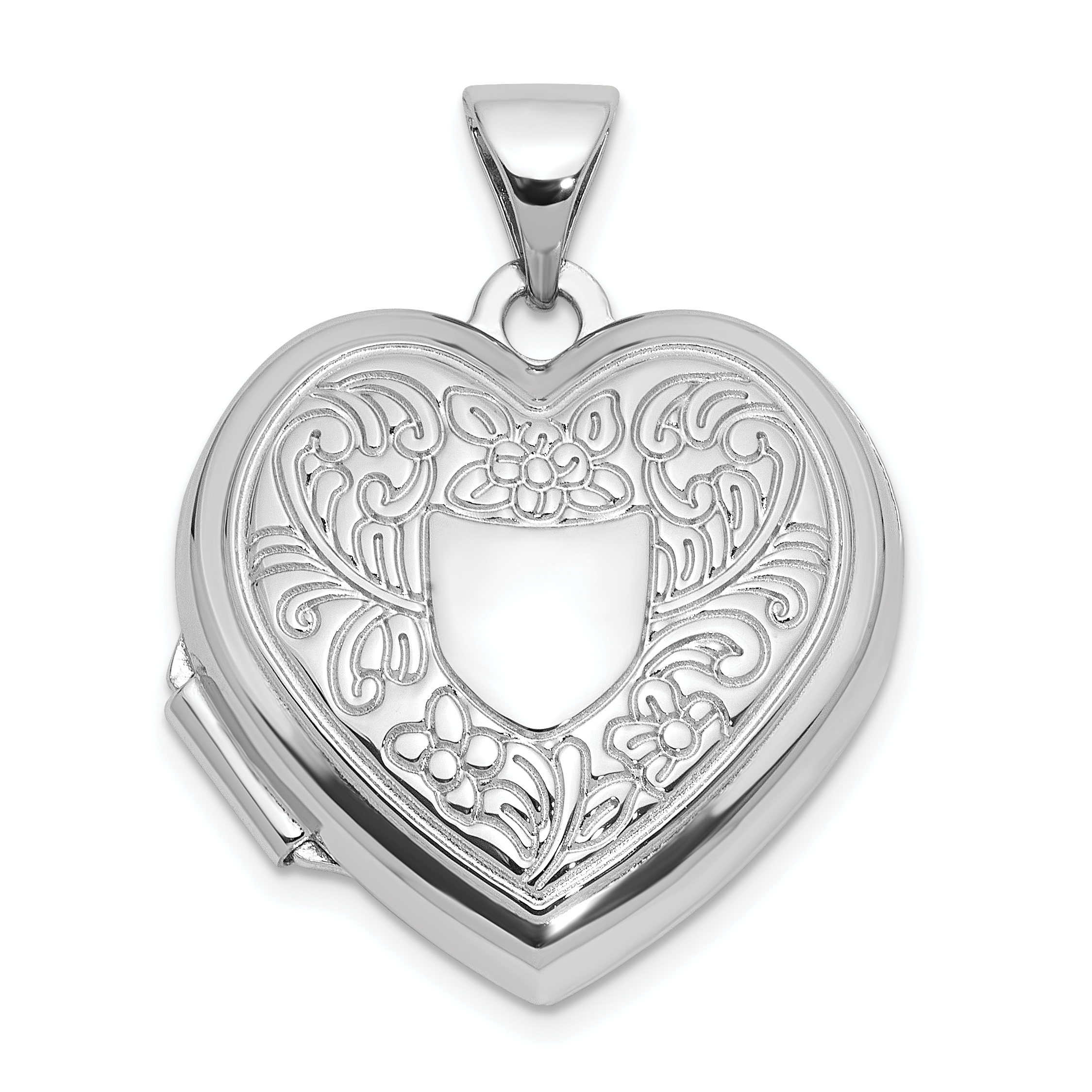 Sterling Silver Rh-pltd Polished Floral Border/ Crest 18mm Heart Locket (QLS1144)