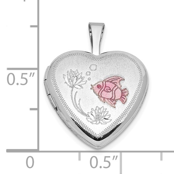 Sterling Silver Rhodium-plated Epoxy Satin Polished Fish 16mm Heart Locket