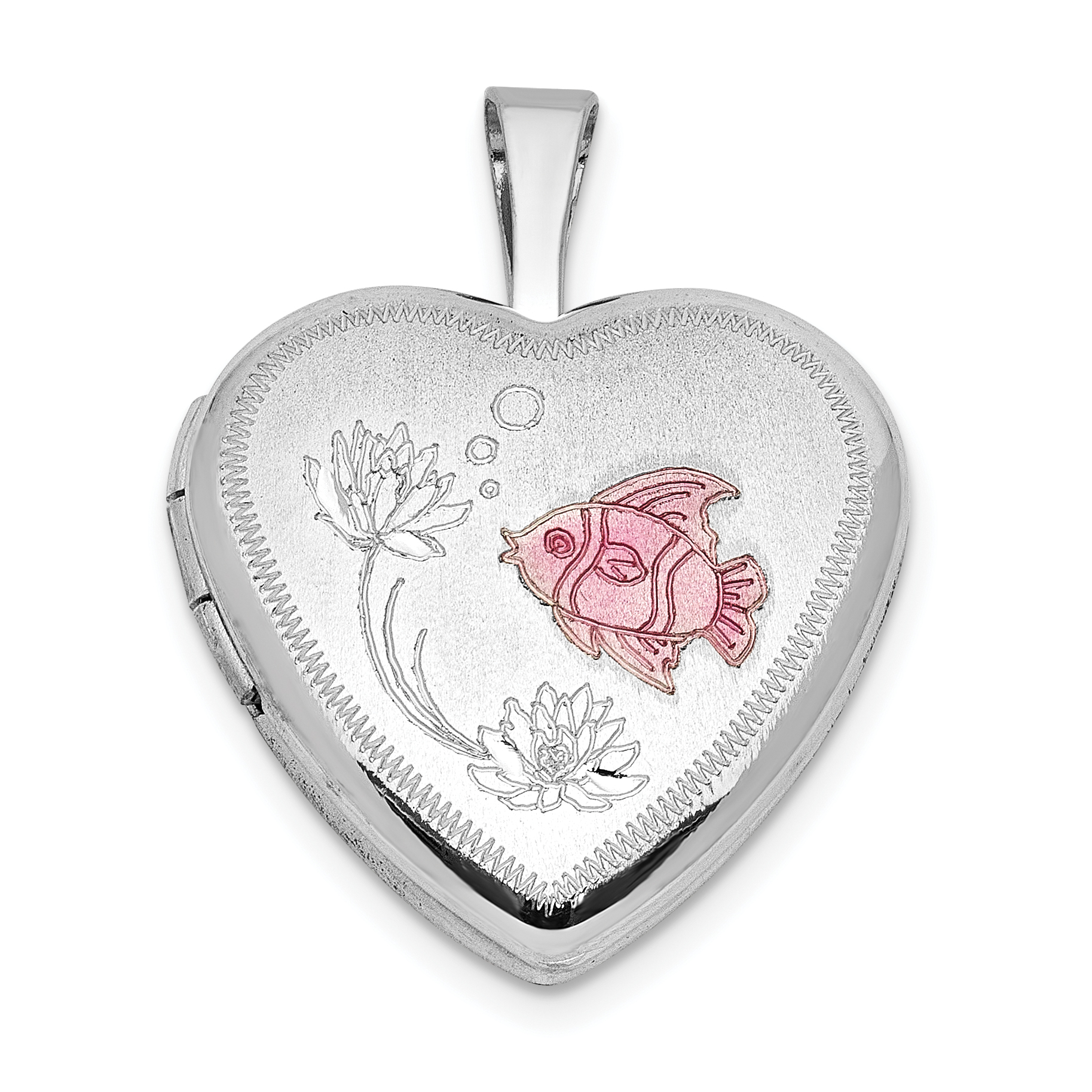Sterling Silver Rhodium-plated Epoxy Satin Polished Fish 16mm Heart Locket (QLS1146)