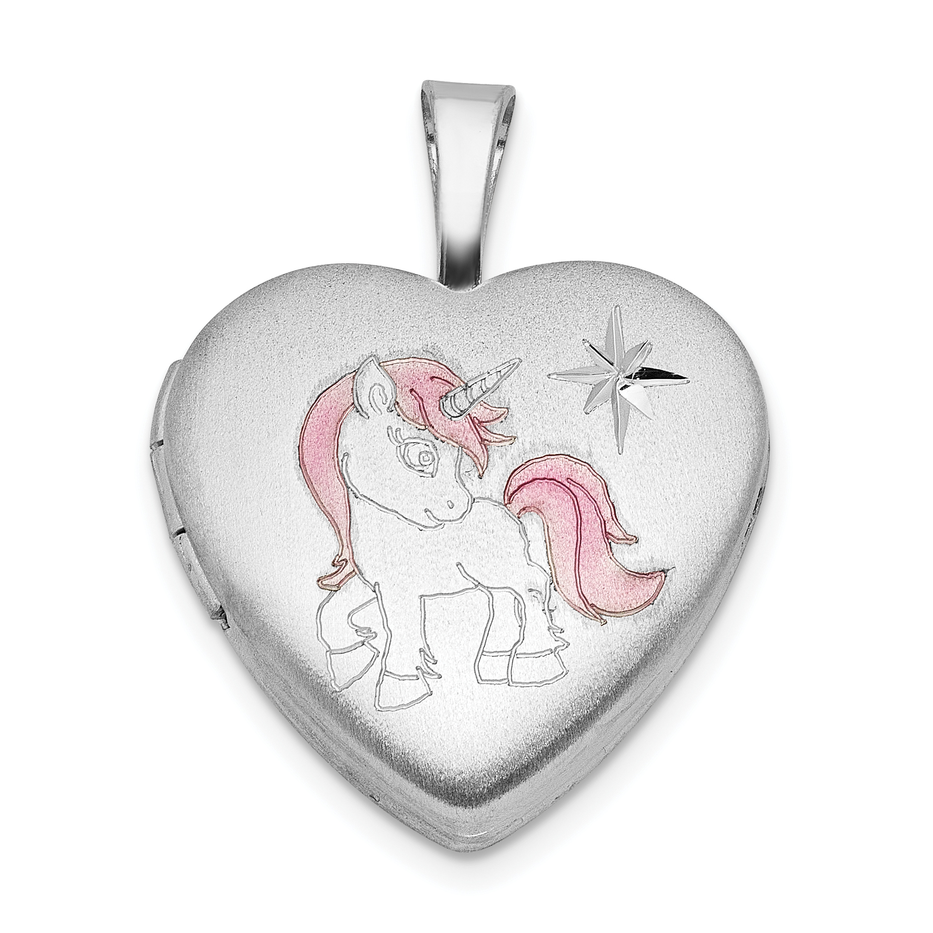 Sterling Silver RH-plated Epoxy Satin Polished Unicorn 16mm Heart Locket (QLS1148)