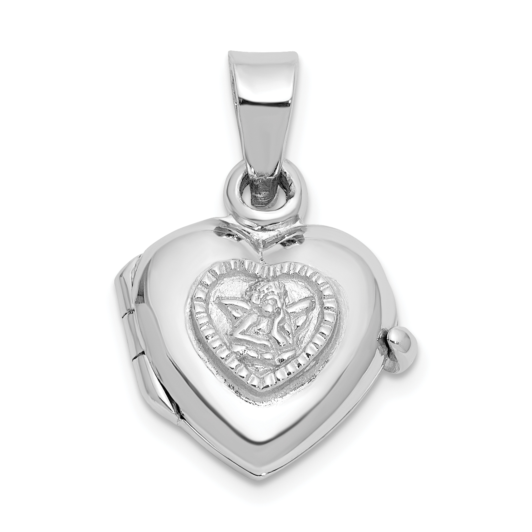 Sterling Silver Rh-plated 11mm Guardian Angel Heart Locket Pendant (QLS1151)