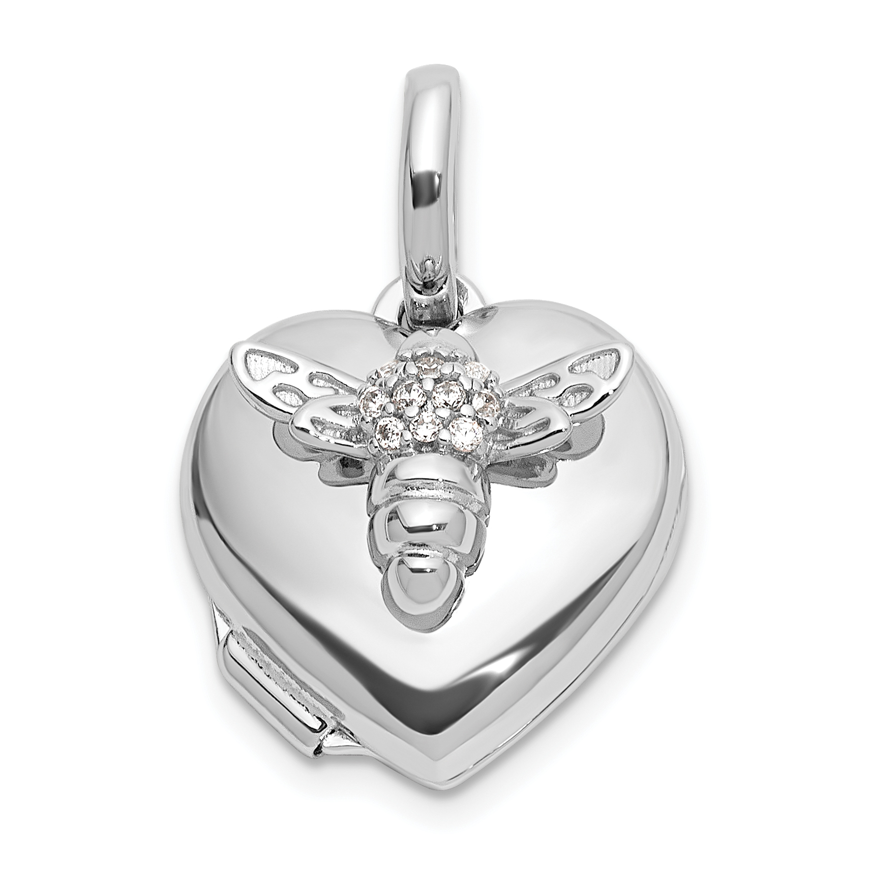 Sterling Silver Rhodium-plated Polished 12mm CZ Bee Heart Locket (QLS1153)