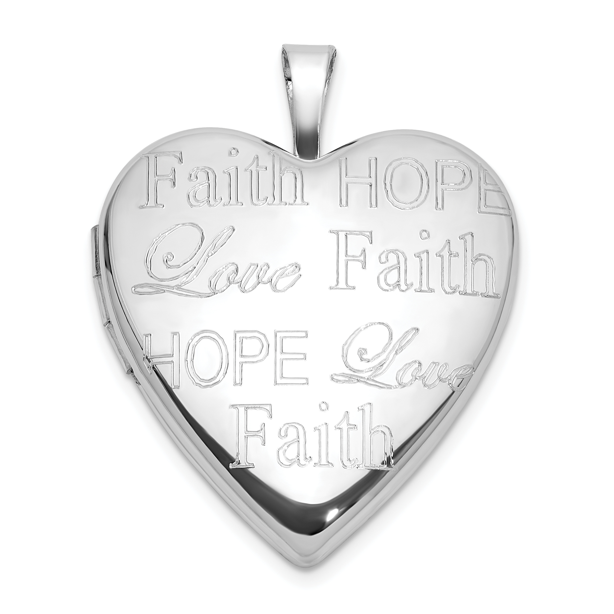 Sterling Silver Rh-plated Polished 20mm Love Faith Hope Heart Locket (QLS1156)