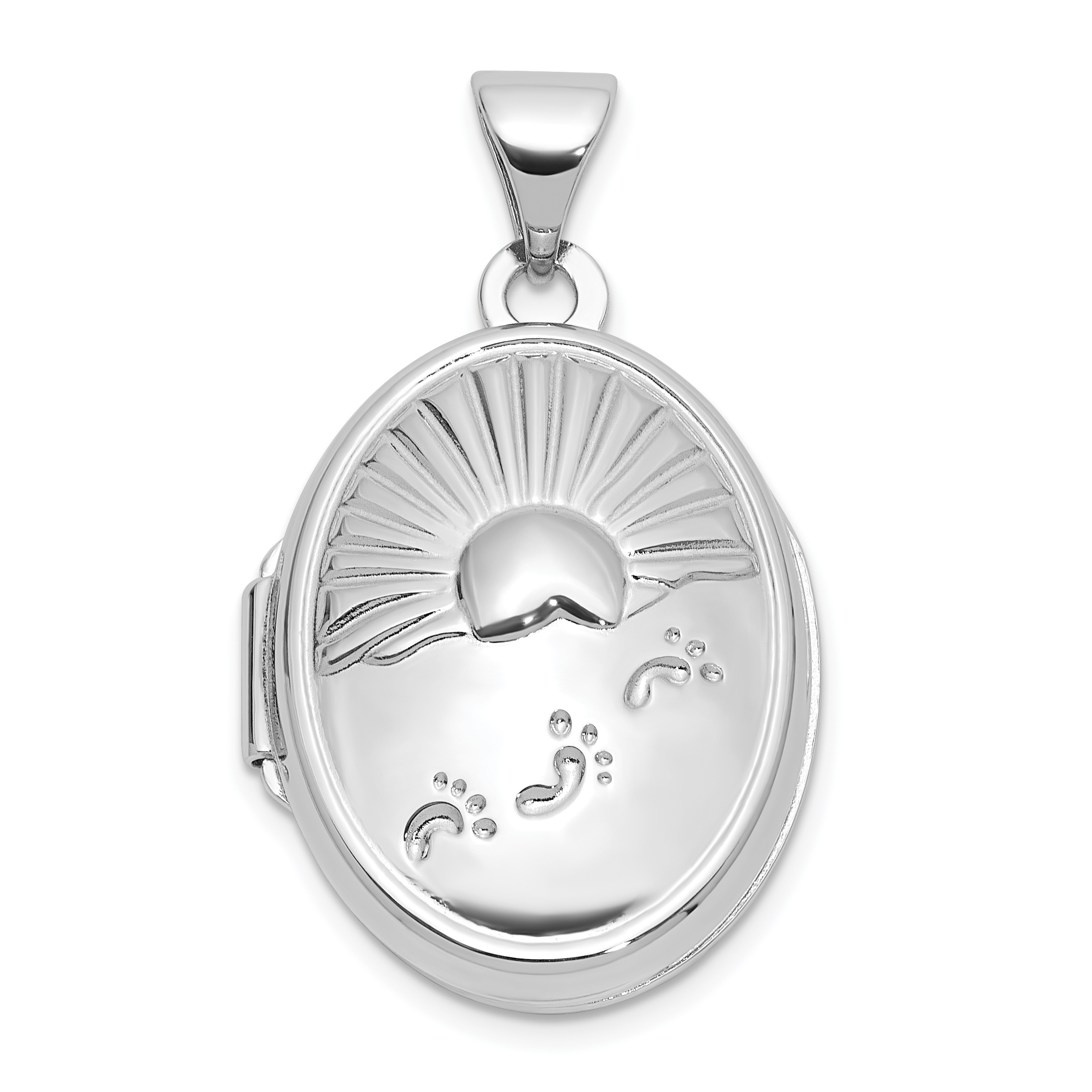 Sterling Silver Rhod-Plated 19x15mm Foot Prints Reversible Oval Locket (QLS1159)