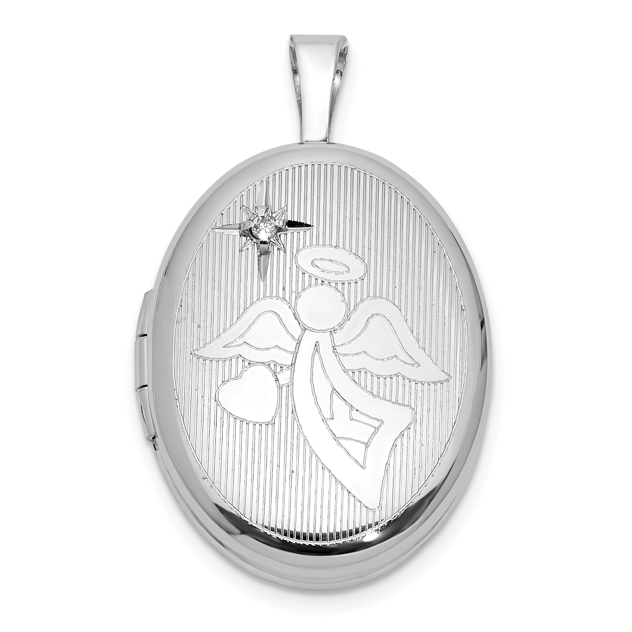 Sterling Silver Rhodium-plated Diamond 19mm Angel Oval Locket (QLS1160)