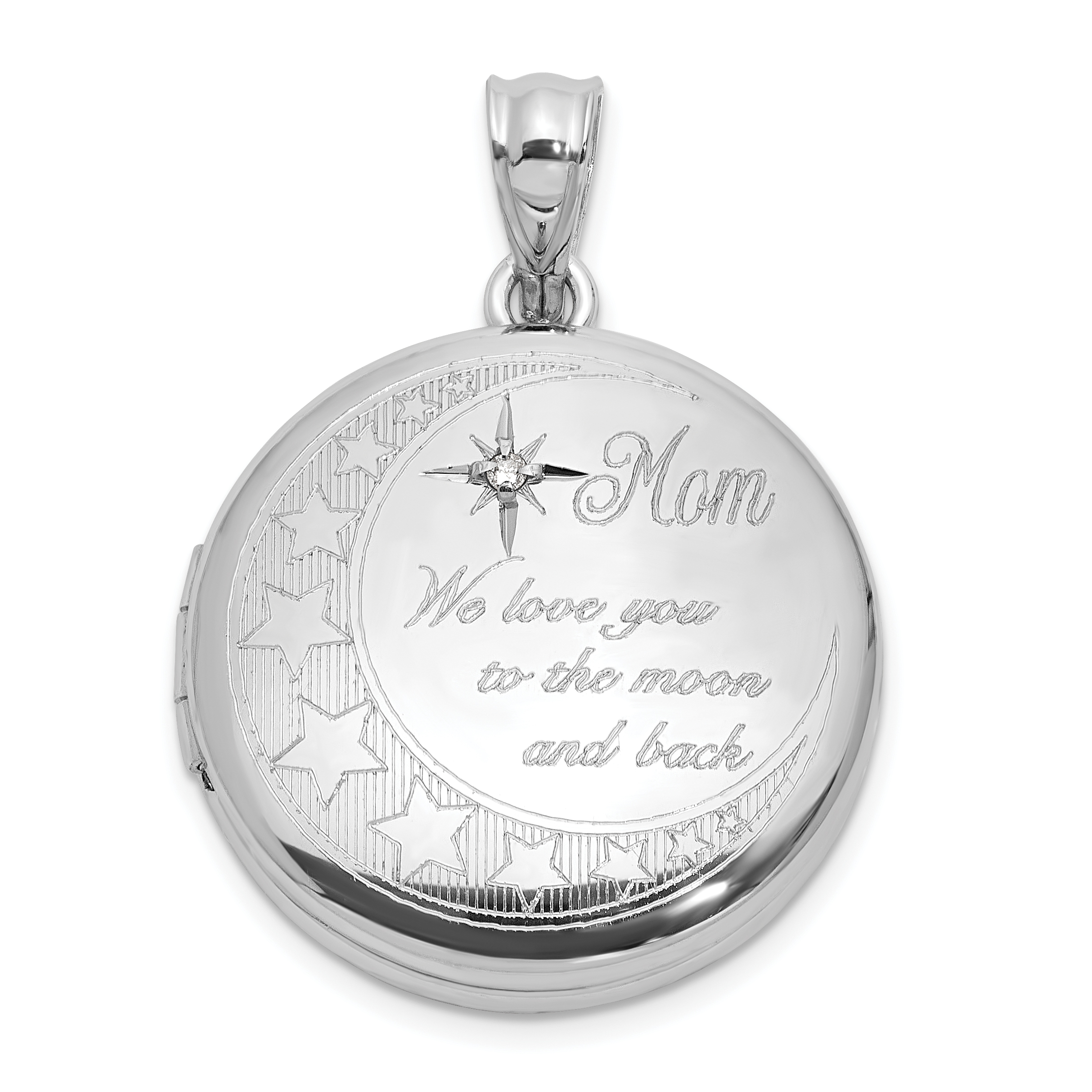Sterling Silver Rh-plated Diamond 20mm Mom Moon/Stars Round Locket (QLS1168)