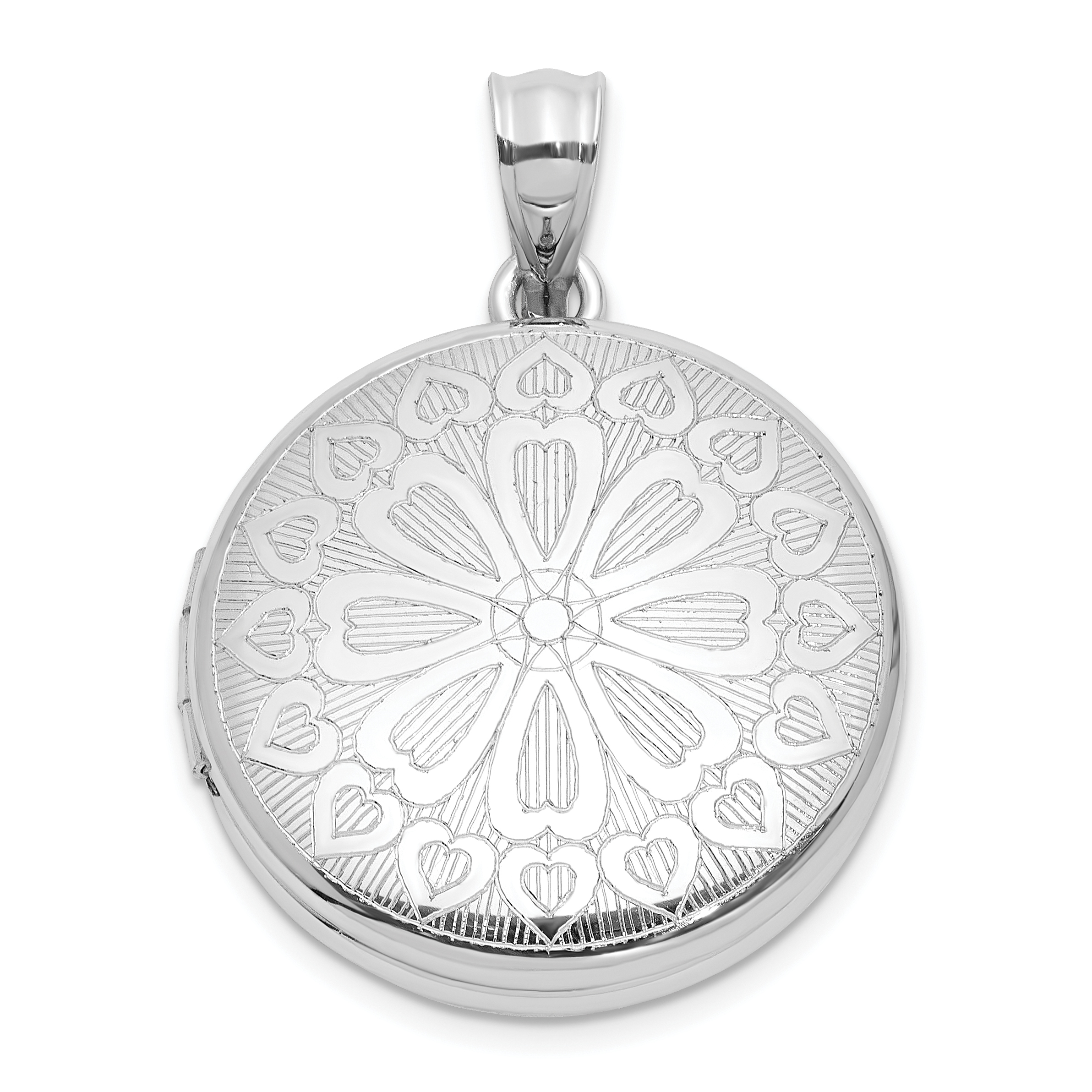 Sterling Silver Rhodium-plated 20mm Floral Heart Filigree Round Locket (QLS1170)