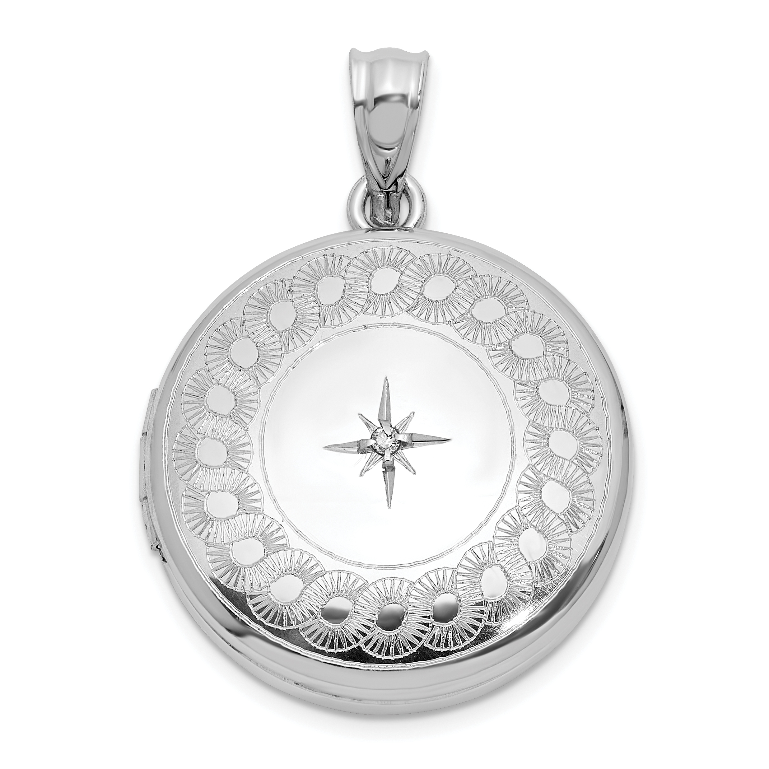 Sterling Silver Rh-plated Diamond Star 20mm Circular Border Round Locket (QLS1176)