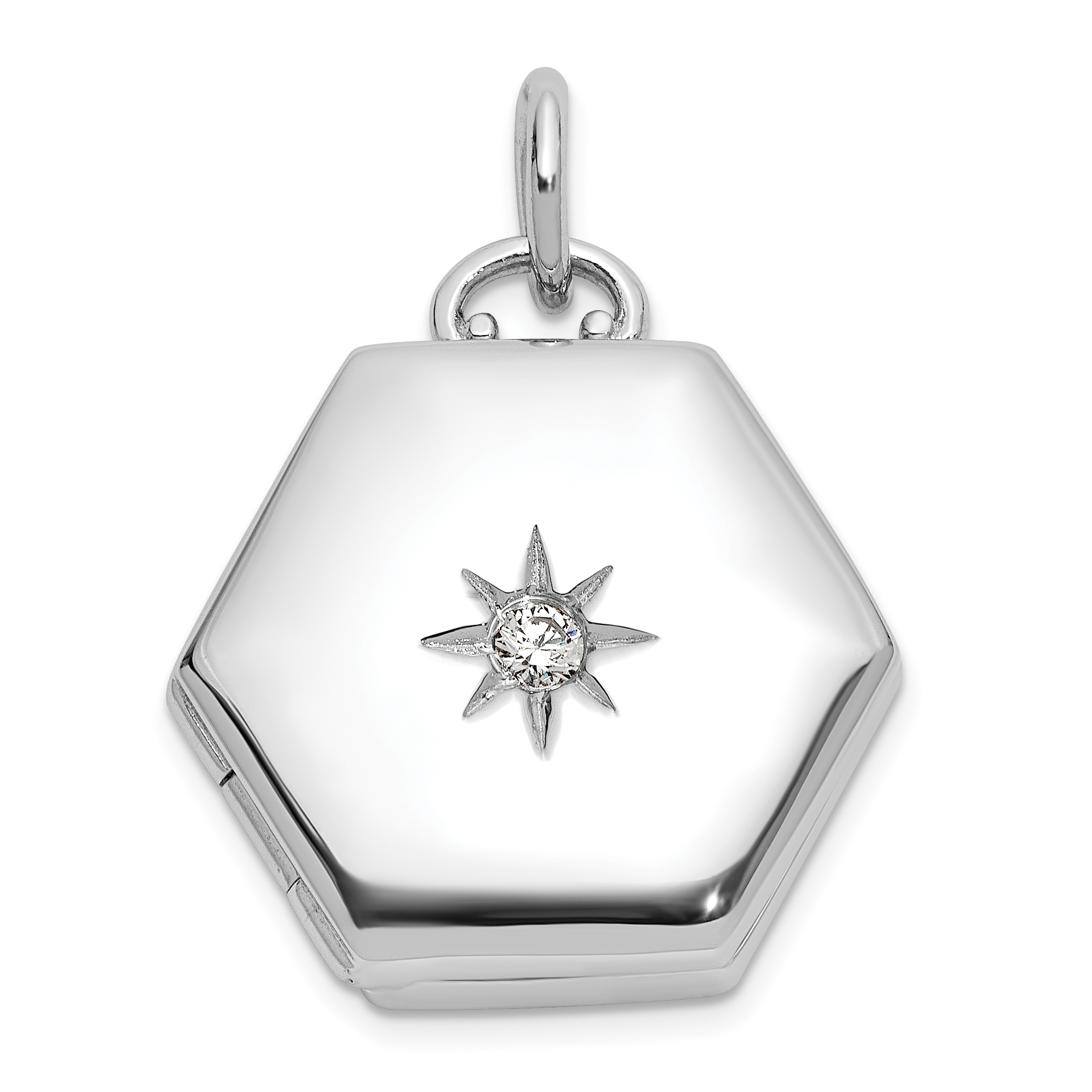 Sterling Silver Rhodium-plated Polished CZ Star 16mm Hexagon Locket (QLS1179)