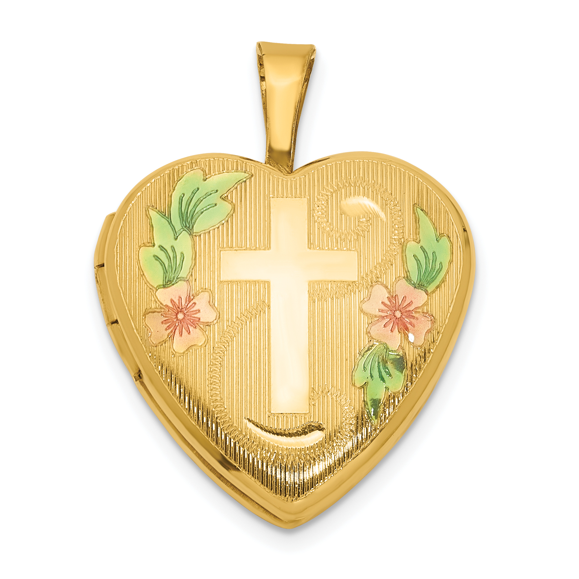 1/20 Gold Filled Polished & Epoxy 16mm Floral Cross Heart Locket (QLS1185)