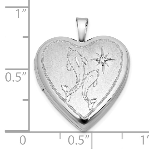 Sterling Silver Rhodium-plated Brushed 1/20 carat Diamond Two Dolphins 20mm Heart Locket