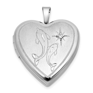 Sterling Silver Rhodium-plated Brushed 1/20 carat Diamond Two Dolphins 20mm Heart Locket