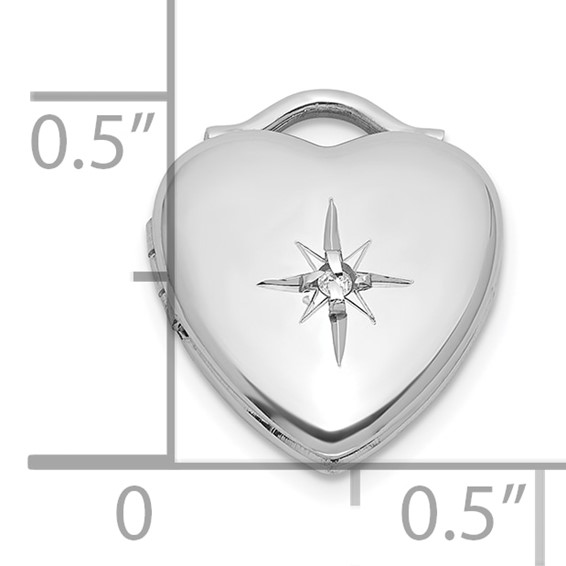 Sterling Silver Rhodium-plated Polished Front/Brushed Back 1/20 carat Diamond 12mm Heart Locket