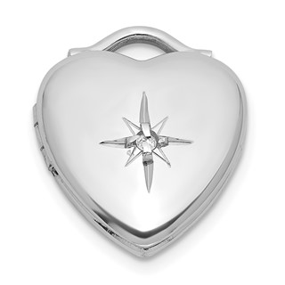 Sterling Silver Rhodium-plated Polished Front/Brushed Back 1/20 carat Diamond 12mm Heart Locket