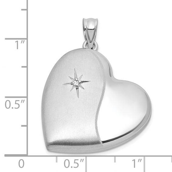 Sterling Silver Rhodium-plated Brushed And Polished 1/20 carat Diamond 24mm Heart Locket