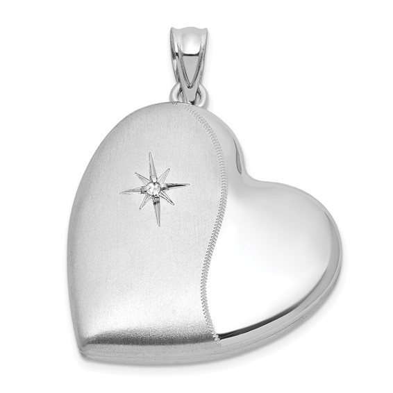 Sterling Silver Rhodium-plated Brushed And Polished 1/20 carat Diamond 24mm Heart Locket