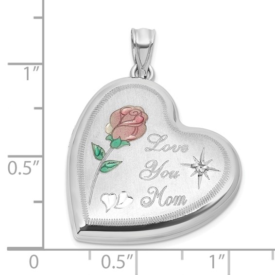 Sterling Silver Rhodium-plated Brushed 1/20 carat Diamond Pink and Green Enameled Rose LOVE YOU MOM 24mm Heart Locket