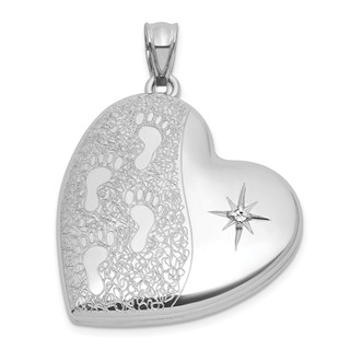 Sterling Silver Rhodium-plated Brushed And Polished 1/20 carat Diamond Foot Prints 24mm Heart Locket