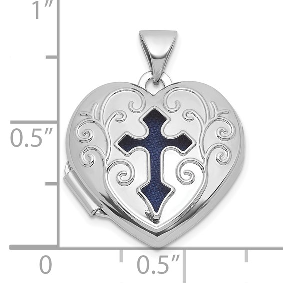 Sterling Silver Rhodium-plated Open Cross with Blue Fabric Interior 18mm Heart Locket