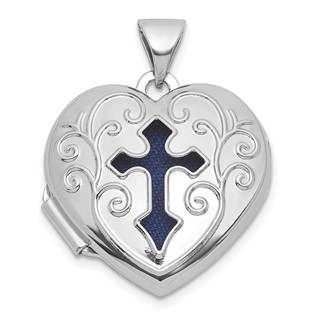 Sterling Silver Rhodium-plated Open Cross with Blue Fabric Interior 18mm Heart Locket