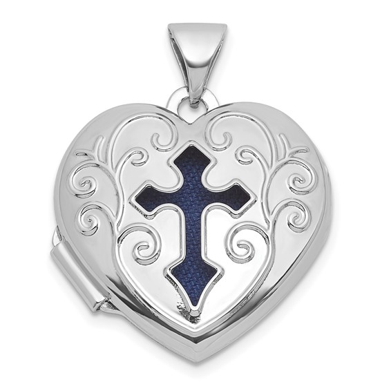 Sterling Silver Rhodium-plated Open Cross with Blue Fabric Interior 18mm Heart Locket