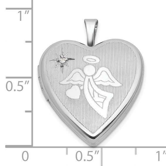 Sterling Silver Rhodium-plated Brushed And Polished 1/20 carat Diamond And Angel 20mm Heart Locket