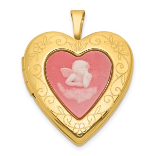 Sterling Silver Gold-plated Polished Front/Brushed Back Pink Angel Resin Cameo 20mm Heart Locket