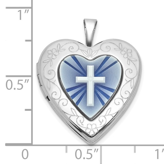 Sterling Silver Rhodium-plated Polished Front/Brushed Back Blue Cross Resin Cameo 20mm Heart Locket