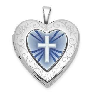 Sterling Silver Rhodium-plated Polished Front/Brushed Back Blue Cross Resin Cameo 20mm Heart Locket