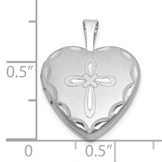 Sterling Silver Rhodium-plated Brushed Diamond-cut Fancy Engraved Cross 13mm Heart Locket