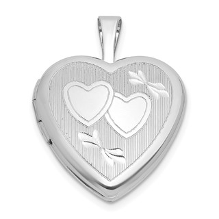 Sterling Silver Rhodium-plated Polished Front/Brushed Back Diamond-cut Twin Hearts 16mm Heart Locket