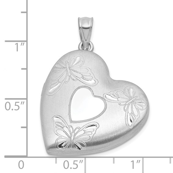 Sterling Silver Rhodium-plated Brushed Diamond-cut Butterflies 24mm Heart Locket