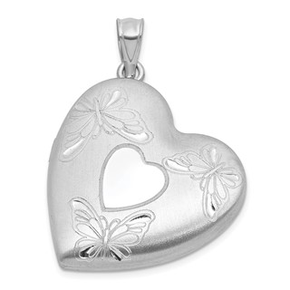 Sterling Silver Rhodium-plated Brushed Diamond-cut Butterflies 24mm Heart Locket