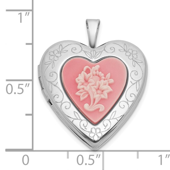 Sterling Silver Rhodium-plated Polished Front/Brushed Back Pink Flowers Resin Cameo 20mm Heart Locket