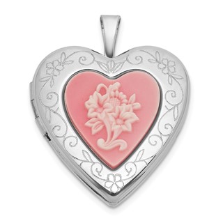 Sterling Silver Rhodium-plated Polished Front/Brushed Back Pink Flowers Resin Cameo 20mm Heart Locket