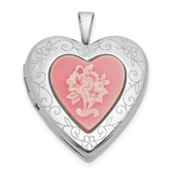 Sterling Silver Rhodium-plated Polished Front/Brushed Back Pink Flowers Resin Cameo 20mm Heart Locket