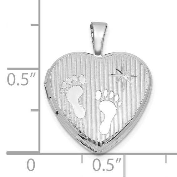 Sterling Silver Rhodium-plated Polished Front/Brushed Back Foot Prints with Star 16mm Heart Locket