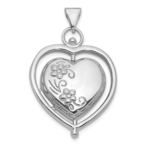 Sterling Silver Rhodium-plated Tree Of Life and Flowers in Spinning Frame Reversible 15mm Heart Locket