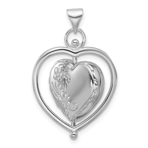 Sterling Silver Rhodium-plated Tree Of Life and Flowers in Spinning Frame Reversible 15mm Heart Locket