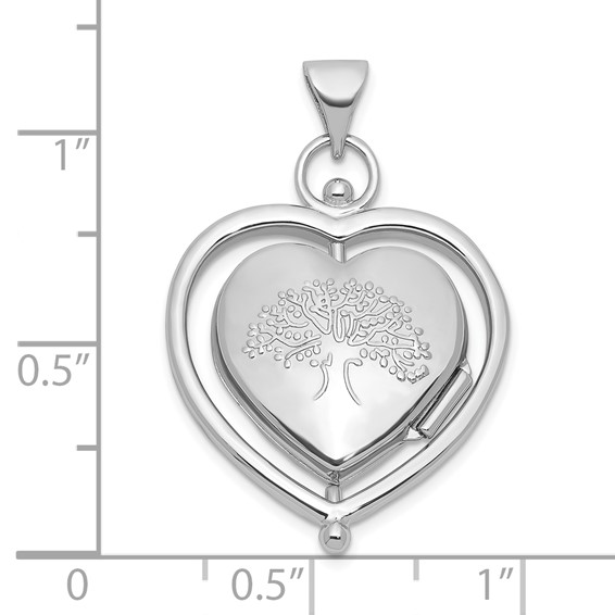 Sterling Silver Rhodium-plated Tree Of Life and Flowers in Spinning Frame Reversible 15mm Heart Locket
