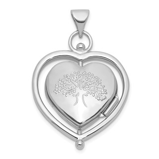Sterling Silver Rhodium-plated Tree Of Life and Flowers in Spinning Frame Reversible 15mm Heart Locket