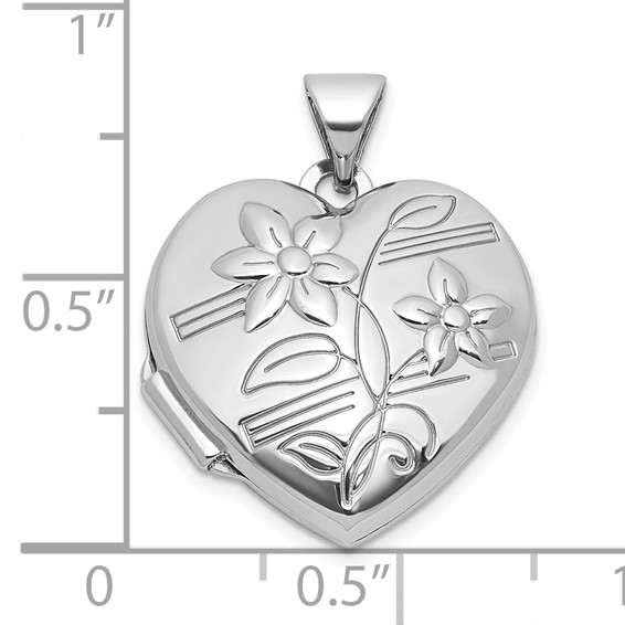 Sterling Silver Rhodium-plated Polished Flowers 18mm Heart Locket