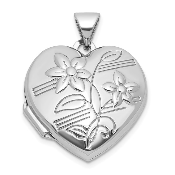Sterling Silver Rhodium-plated Polished Flowers 18mm Heart Locket