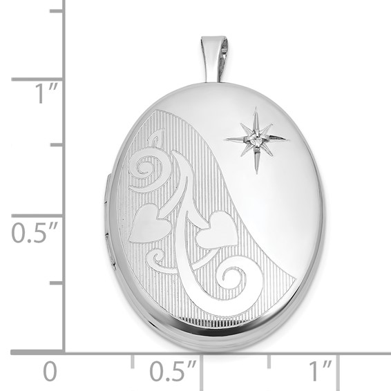 Sterling Silver Rhodium-plated Polished Front/Brushed Back 1/20 carat Diamond Hearts Swirl Design 26mm Oval Locket